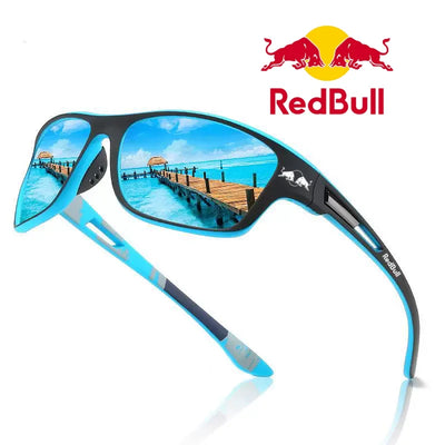 Red Bull polarized sunglasses with blue mirrored lenses, ideal for outdoor activities like fishing and hiking.
