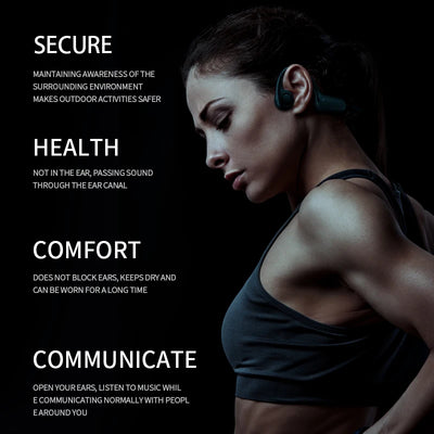 Woman using bone conduction earphones, promoting safety, health benefits, comfort, and communication during outdoor activities.