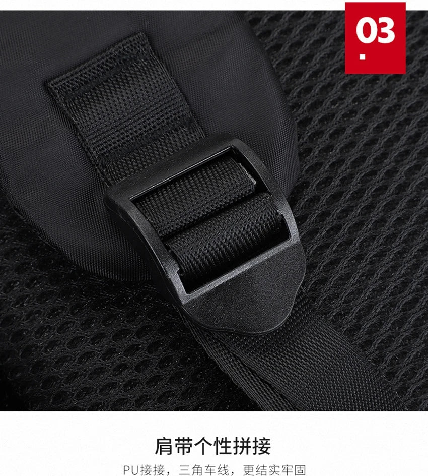 Close-up of adjustable nylon strap and buckle on a stylish black backpack.