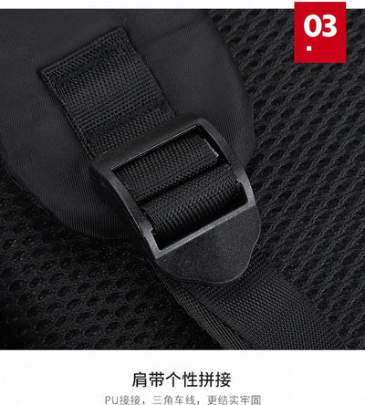 Close-up of adjustable nylon strap and buckle on a stylish black backpack.