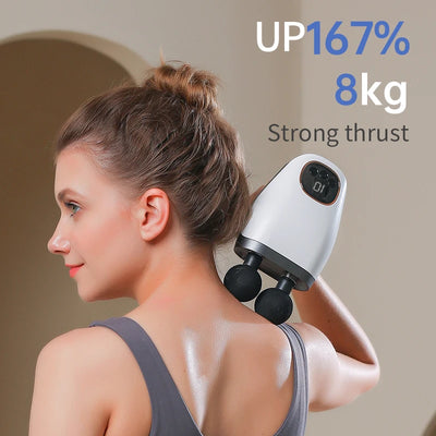 Woman using double headed massage gun for deep tissue relief on her back, showcasing strong thrust and ergonomic design.