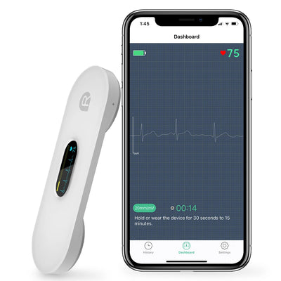 Pocket ECG monitor with OLED display, AI analysis, and mobile app for heart monitoring and analysis.