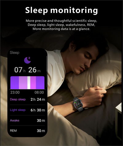 Man sleeping while wearing a rugged military smart watch displaying detailed sleep monitoring data.