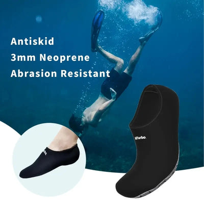 HiTurbo 3mm neoprene anti-slip socks for diving, swimming, surfing, and snorkeling. Abrasion resistant design featured.
