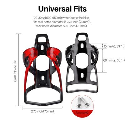 Lightweight color bicycle bottle cage, universal fit for 20-32 oz water bottles, with included screws for easy installation.
