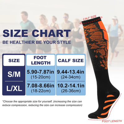 Size chart for compression socks showing foot length and calf size for optimal fit in running and athletic activities.