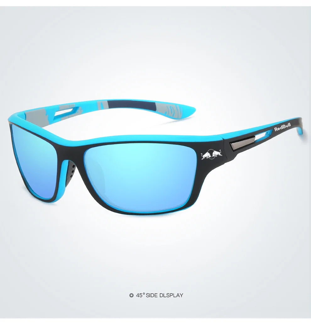 Red Bull polarized sunglasses in black and blue, ideal for outdoor activities like fishing, driving, and hiking.
