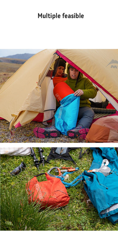 Couple organizing waterproof dry bags inside tent and on grass, showcasing ultralight swimming clothes storage options.
