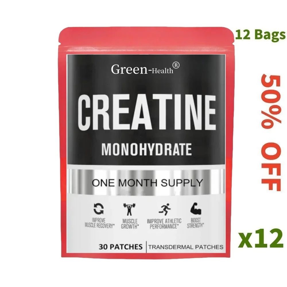 Creatine Monohydrate transdermal patches pack with 30 patches for muscle growth and energy, 50% off promotion.