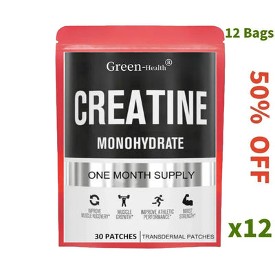 Creatine Monohydrate transdermal patches pack with 30 patches for muscle growth and energy, 50% off promotion.