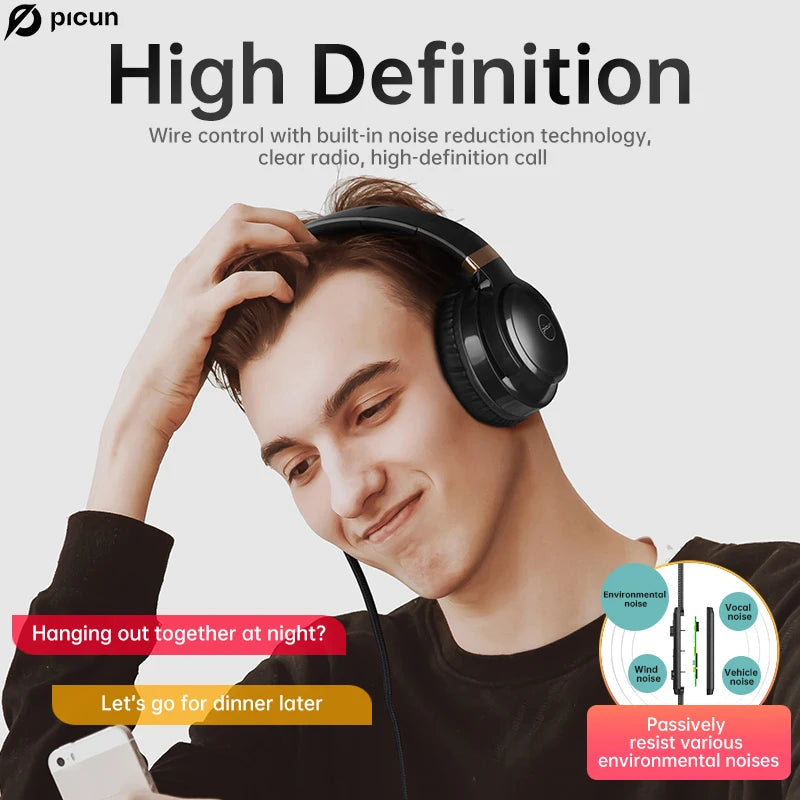 Picun wired headphones with mic and volume control, featuring noise isolation for clear calls and music.