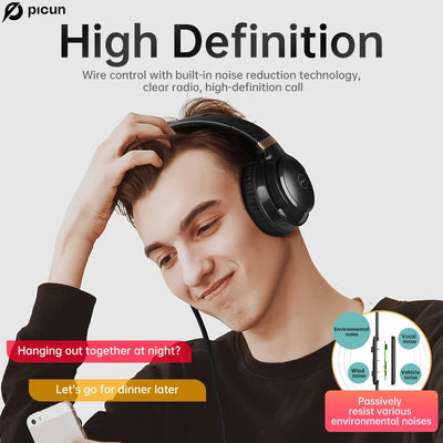 Picun wired headphones with mic and volume control, featuring noise isolation for clear calls and music.