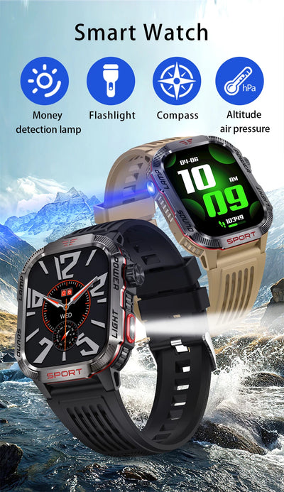 Military GPS smart watch with flashlight, compass, and money detection features by ChiBear.