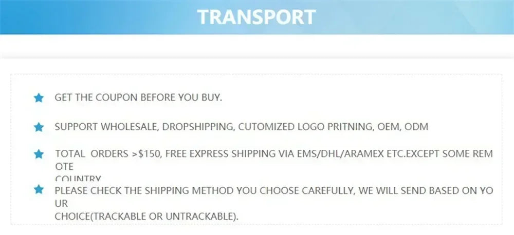 Information on shipping policies, including coupons, wholesale support, and express shipping options.
