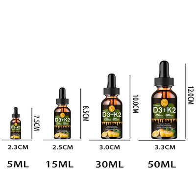 Vitamin D3 + K2 oil dropper bottles of various sizes: 5ML, 15ML, 30ML, 50ML for improved health benefits.