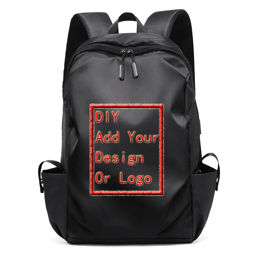 Black DIY customizable backpack with text 'Add Your Design Or Logo', suitable for students and casual use.