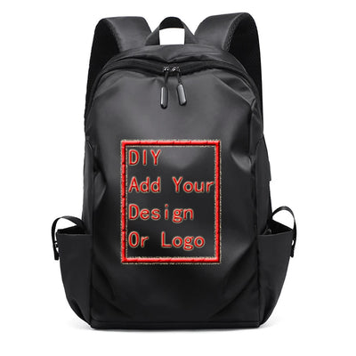 Black DIY customizable backpack with text 'Add Your Design Or Logo', suitable for students and casual use.