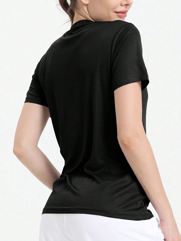 Women's black ultralight quick-dry sport t-shirt, breathable and lightweight for running and gym activities.