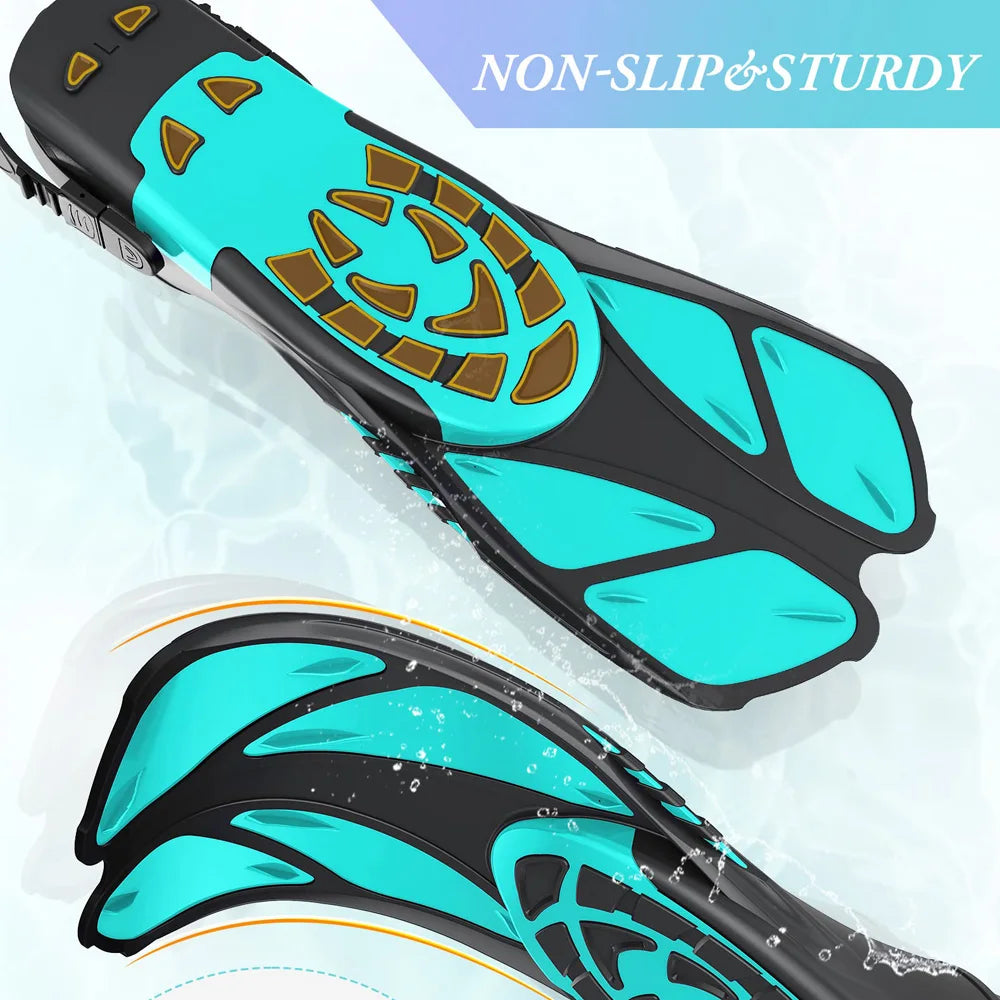 Non-slip sturdy snorkeling fins in vibrant blue and black design, ideal for scuba diving and swimming, adjustable buckles.