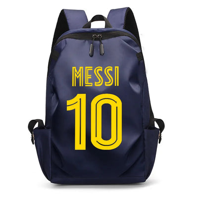 Messi 10 sports backpack for unisex college students, featuring a sleek navy design with vibrant lettering.