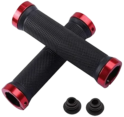 Non-slip rubber bike grips with double lock-on alloy handlebar design, perfect for cycling, black and red color.