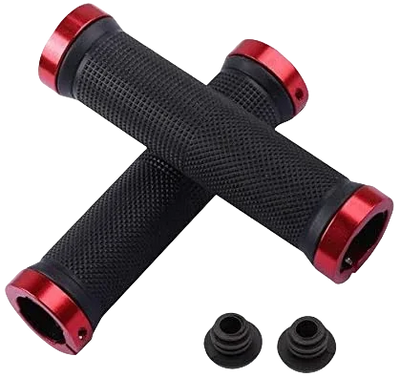 Non-slip rubber bike grips with double lock-on alloy handlebar design, perfect for cycling, black and red color.