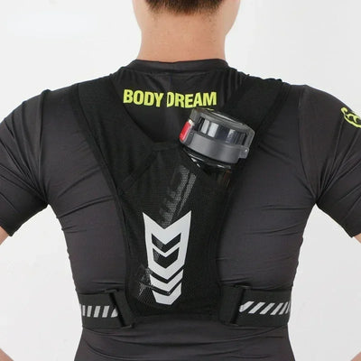 Back view of a lightweight running vest with a water bottle holder, ideal for outdoor sports and active lifestyles.
