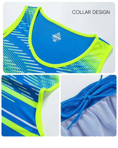Close-up of the collar design and fabric details of a custom unisex marathon running suit set.