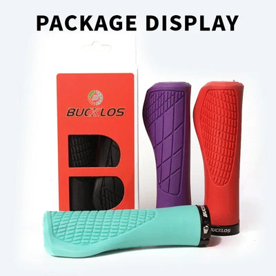 BUCKLOS ergonomic bike handlebar grips in various colors displayed in packaging.