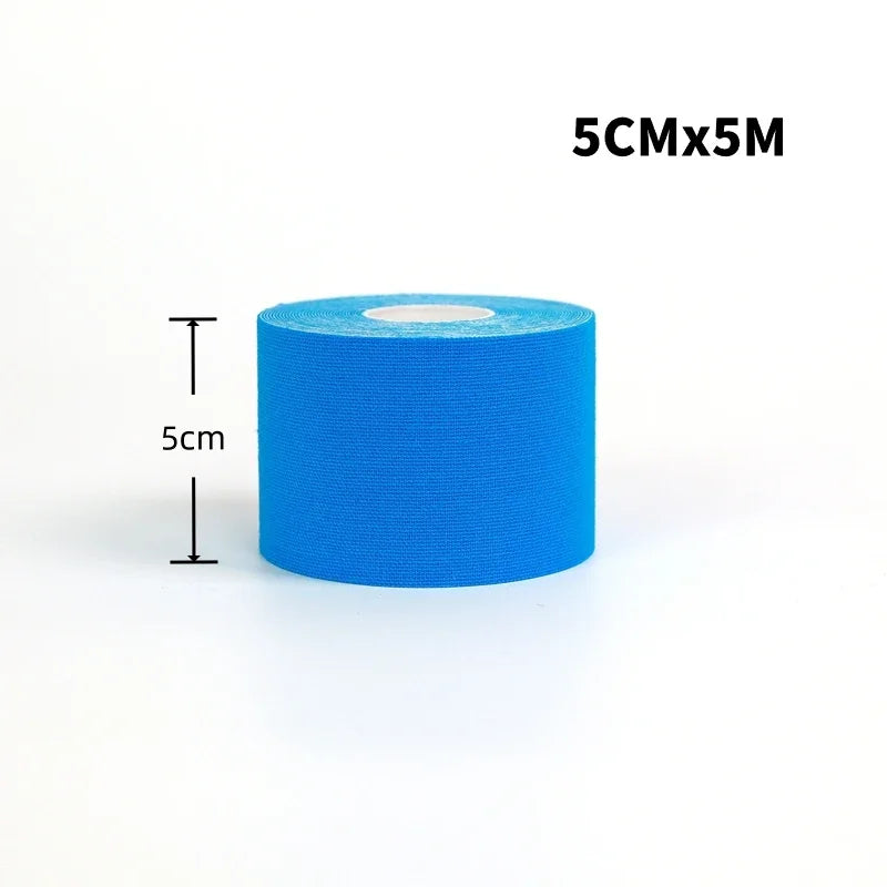 5cm x 5m blue sports kinesio tape roll for muscle support and knee pain relief.