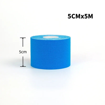 5cm x 5m blue sports kinesio tape roll for muscle support and knee pain relief.
