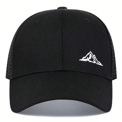 Unisex mountain embroidery baseball cap, adjustable outdoor sun hat, black polyester design with mountain logo.
