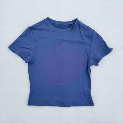 Women’s blue short sleeve quick-drying sports t-shirt, breathable fabric for yoga and running.