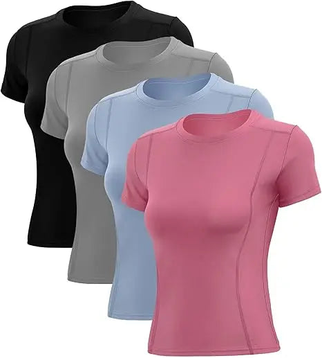 Women's short sleeve workout tops in black, grey, blue, and pink for yoga and athletic activities.