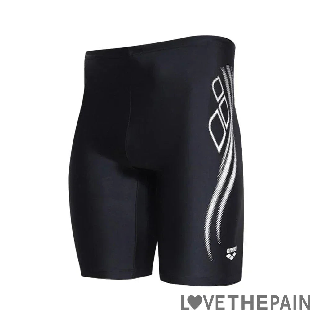 Men's black swim jammer trunks with stylish white pattern, perfect for swimming, surfing, and beach activities.