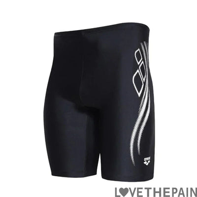 Men's black swim jammer trunks with stylish white pattern, perfect for swimming, surfing, and beach activities.