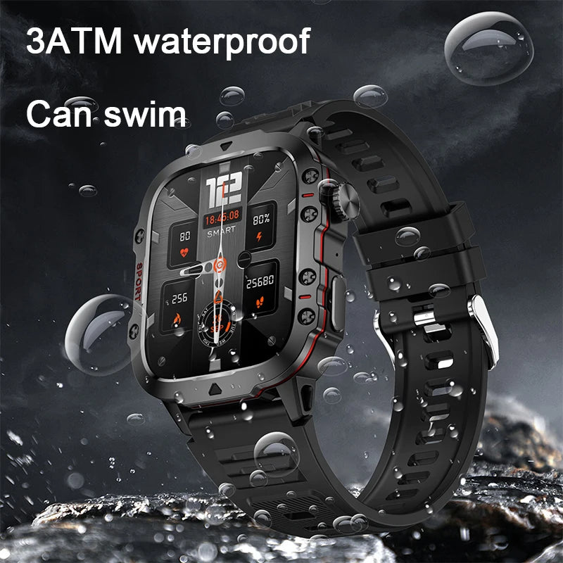 Rugged military smart watch for men, 3ATM waterproof, suitable for swimming, with fitness tracking features.