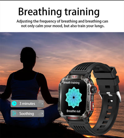 Person using a military GPS smartwatch for breathing training at sunset, highlighting the calming app feature.