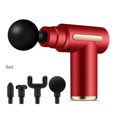 OUSSIRRO deep tissue massage gun in red with four interchangeable massage heads for muscle relaxation.