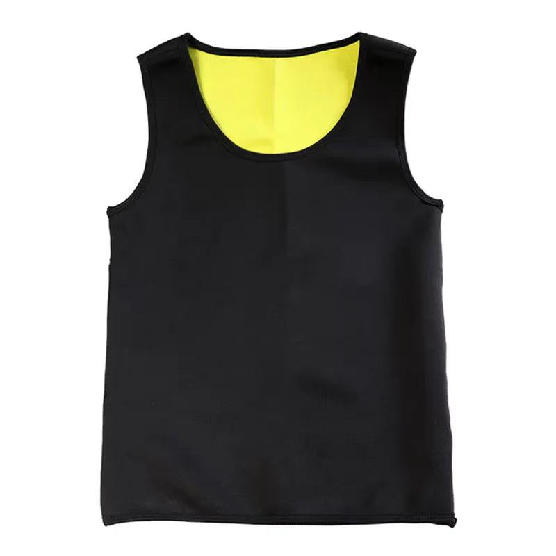 Men's slimming body shaper vest in black with a vibrant yellow interior. Perfect for waist training and fat burning.