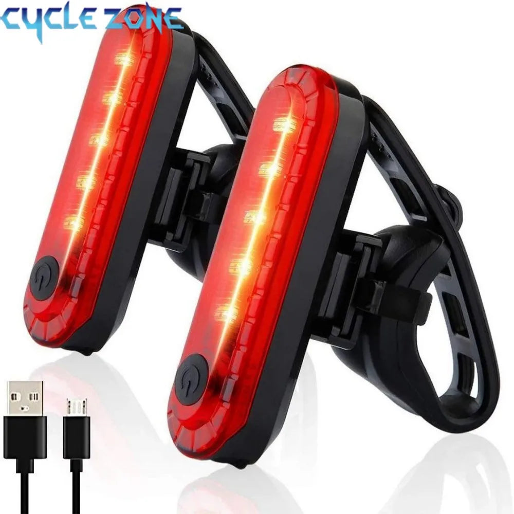 USB rechargeable bike tail light set with ultra bright red LED for cycling safety, waterproof and plastic material.