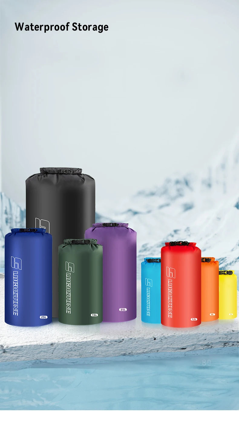 Collection of waterproof dry bags in various colors for drifting and swimming clothes storage.