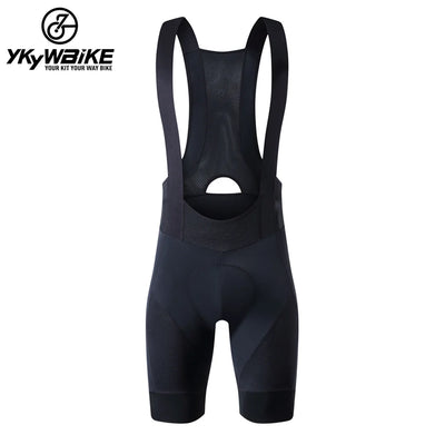 YKYWBIKE men's cycling bib shorts in black, designed for comfort during 6-hour bike rides, featuring padded tights for cyclists.