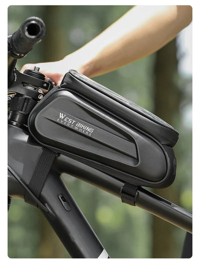 West Biking 7" bike phone bag with touchscreen, waterproof design, mounted on bike top tube for easy access.