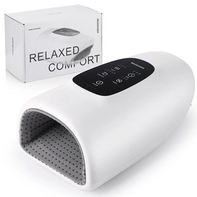 Electric hand massage device with airbag compression, heat therapy, and deep kneading for relaxation.