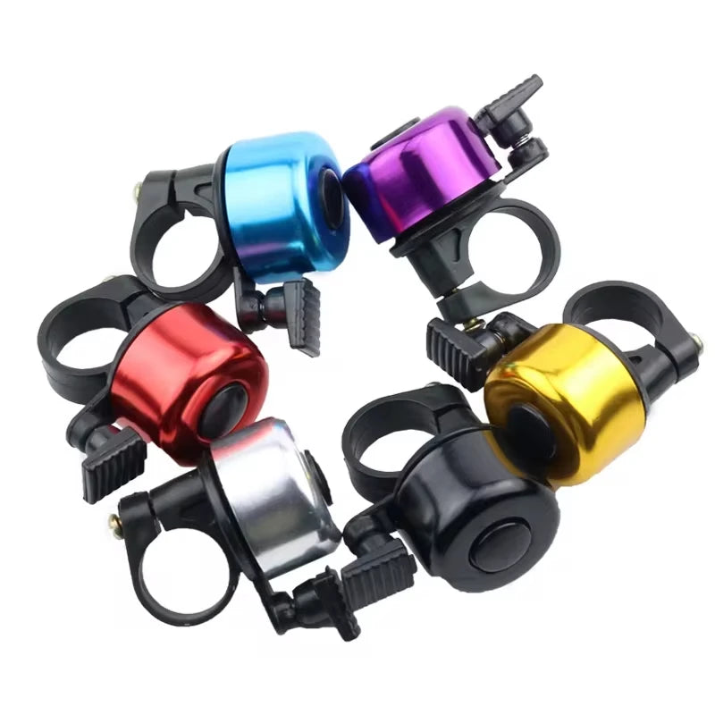 Colorful aluminum alloy MTB bicycle bells for safety, available in red, blue, purple, yellow, silver, and black.