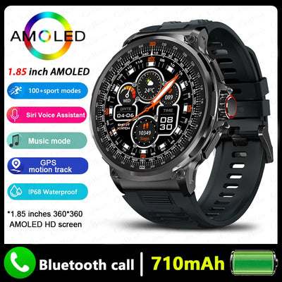 GPS Smart Watch with 1.85" AMOLED, Bluetooth call, 710mAh battery, and multiple sports modes.