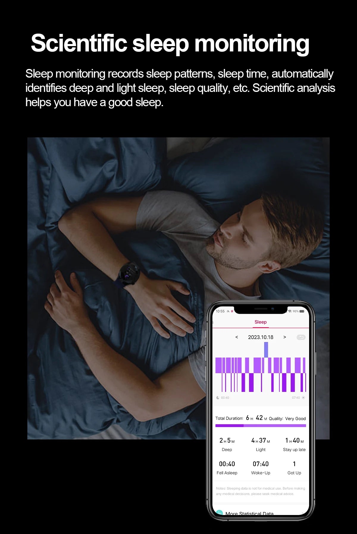 Person using smartwatch for scientific sleep monitoring with sleep data displayed on phone screen.