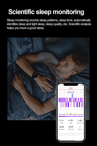 Person using smartwatch for scientific sleep monitoring with sleep data displayed on phone screen.