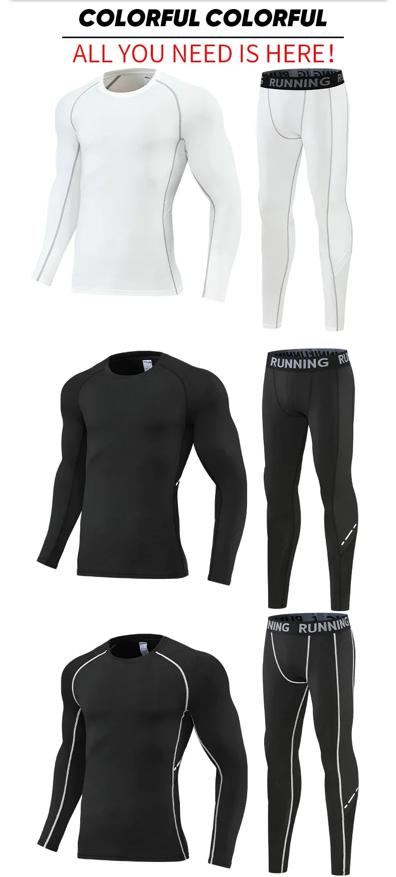 Men's compression sportswear set featuring a white long sleeve top, black long sleeve top, and matching pants.
